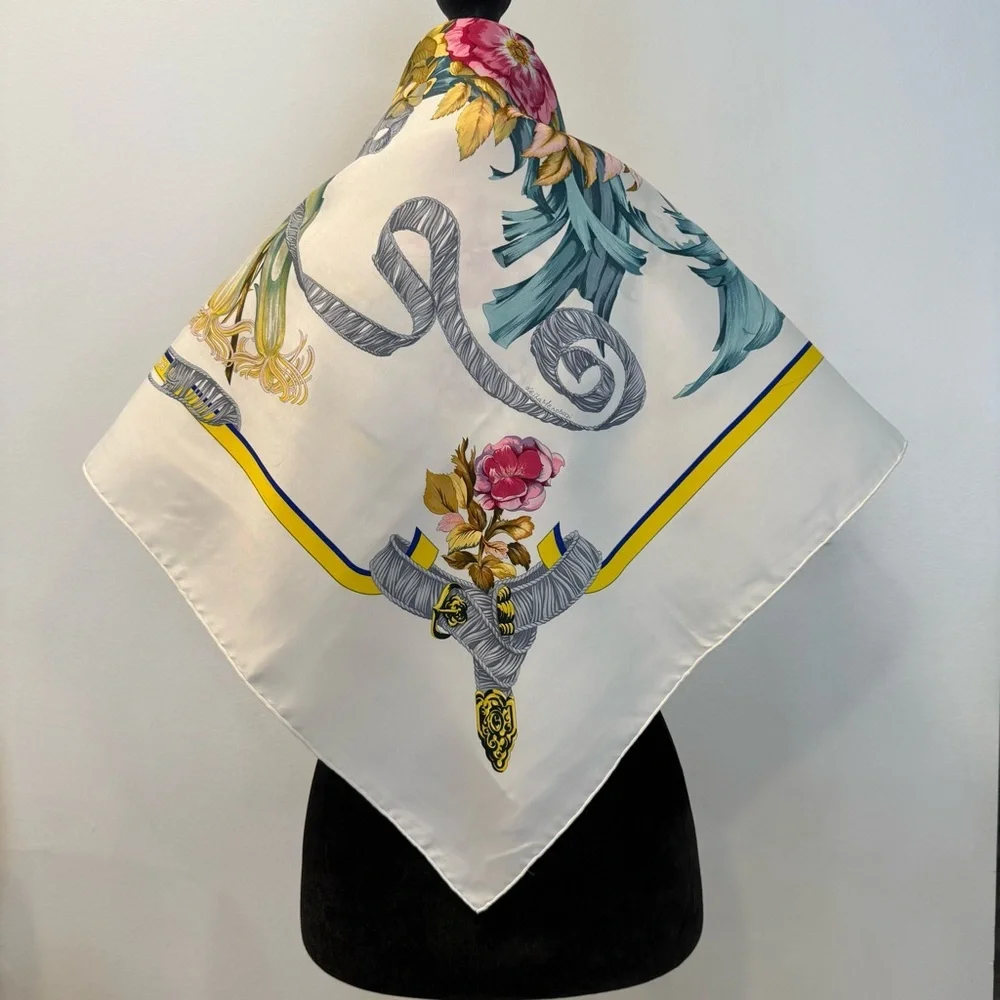 Hermes Floral Silk Scarf with Ribbon Design 35”